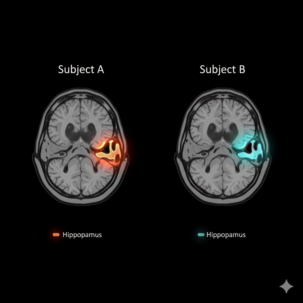 fMRI brain scan comparison showing hippocampus differences in anxious attachment
